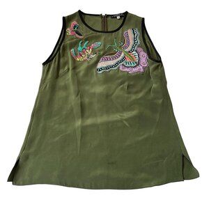 Andrew GN sleeveless top olive green black trim sequin moth butterfly size 4